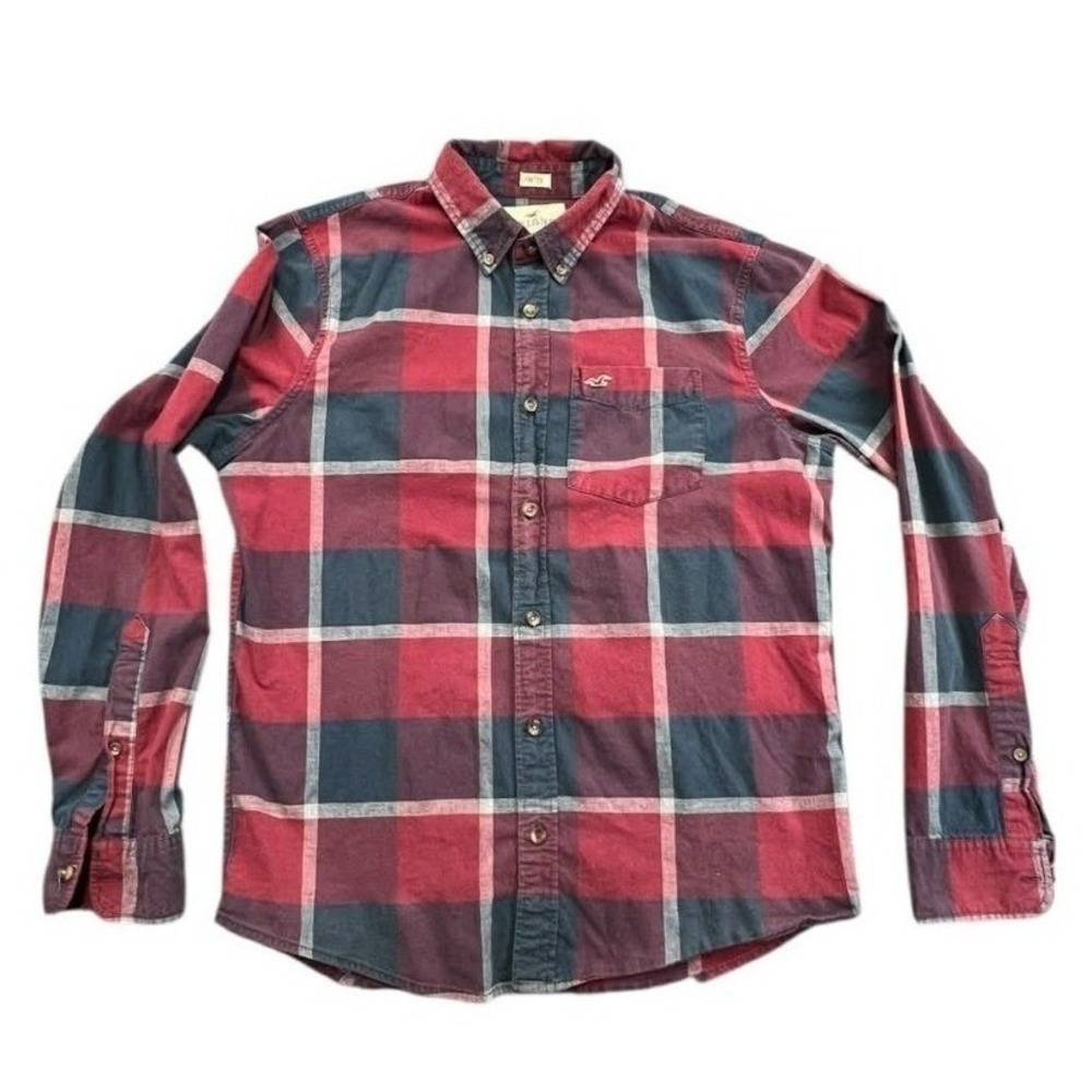 Hollister Large Red Plaid Button Down Shirt Epic Flex Stretch Cotton Flannel